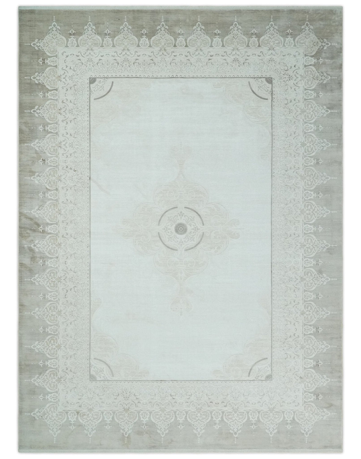 Traditional Brown and Ivory Antique Finish Art Silk Area Rug
