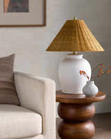 Soft Orange Traditional Table Lamp with global details for bedside or console tables