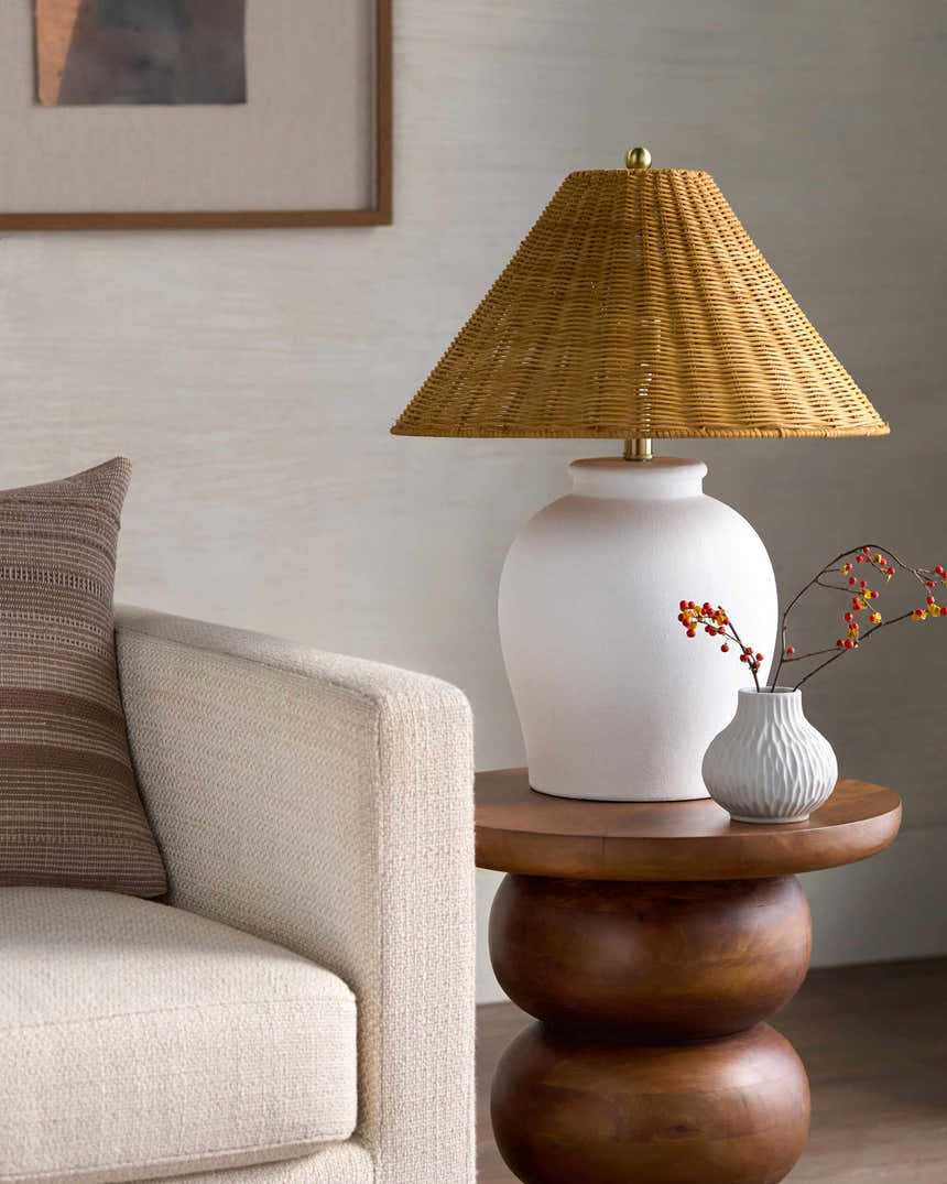Soft Orange Traditional Table Lamp with global details for bedside or console tables