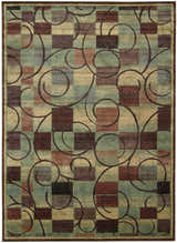 Close-up of Nourison Expressions Brown rug. Modern design with brown swirls and a geometric square pattern in green, beige, and brown.
