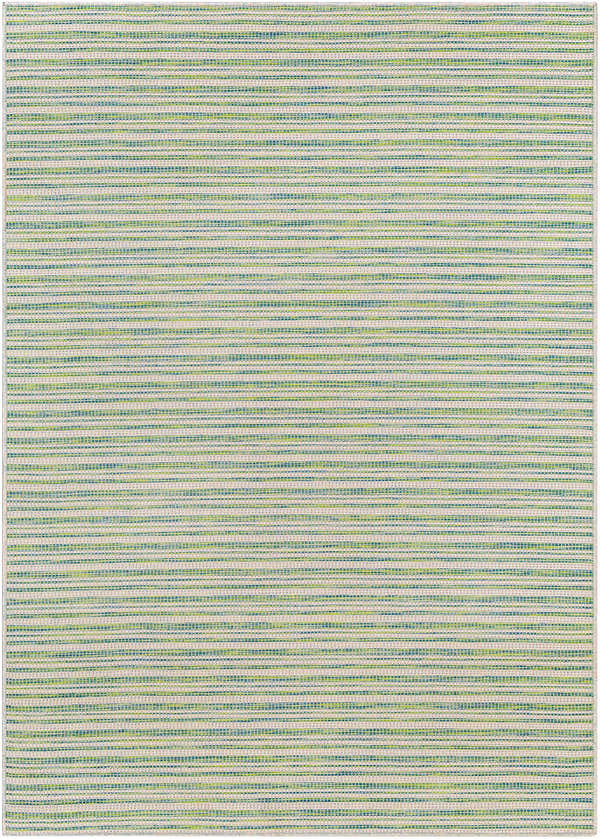 Close-up of the Greg Green Area Rug showing a striped pattern in blue, moss green, and natural gray. Design-Rectangle-517