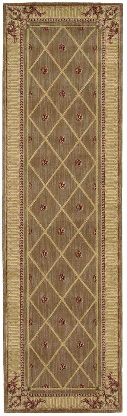 Close-up of Nourison Ashton House Cocoa Vintage runner rug. Camel wool rug with diamond pattern and floral accents.