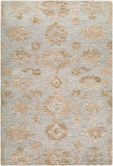 Close-up of the hand-tufted Khalil Vokoko rug. Wool rug in medium gray with sandstone and taupe traditional floral pattern. Design-Rectangle-576