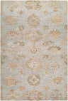 Close-up of the hand-tufted Khalil Vokoko rug. Wool rug in medium gray with sandstone and taupe traditional floral pattern. Design-Rectangle-576