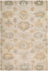 Close-up of the Khalil Vanaga rug. Traditional floral pattern in beige, ivory, mustard, slate gray, and taupe wool. Design-Rectangle-576