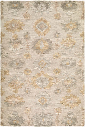 Close-up of the Khalil Vanaga rug. Traditional floral pattern in beige, ivory, mustard, slate gray, and taupe wool. Design-Rectangle-576