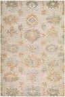 Close-up of the Khalil Vanaga rug. Traditional floral pattern in beige, ivory, mustard, slate gray, and taupe wool. Design-Rectangle-576