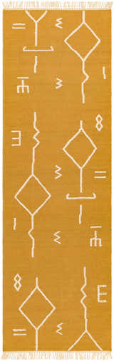 Close-up of Bushra Area Rug, a hand-woven runner with a mustard yellow base and geometric ivory designs. Design-Runner-268