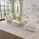 Living room with a Feizy Colton Modern Diamond Pink/Ivory Area Rug, white sofa, chair, and natural light. Roomscene-Rectangle