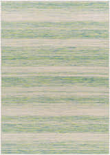 Close-up of the Kris Green Area Rug. Features dark beige, gray, moss, and nutmeg stripes in a machine-woven, contemporary design. Design-Rectangle-517