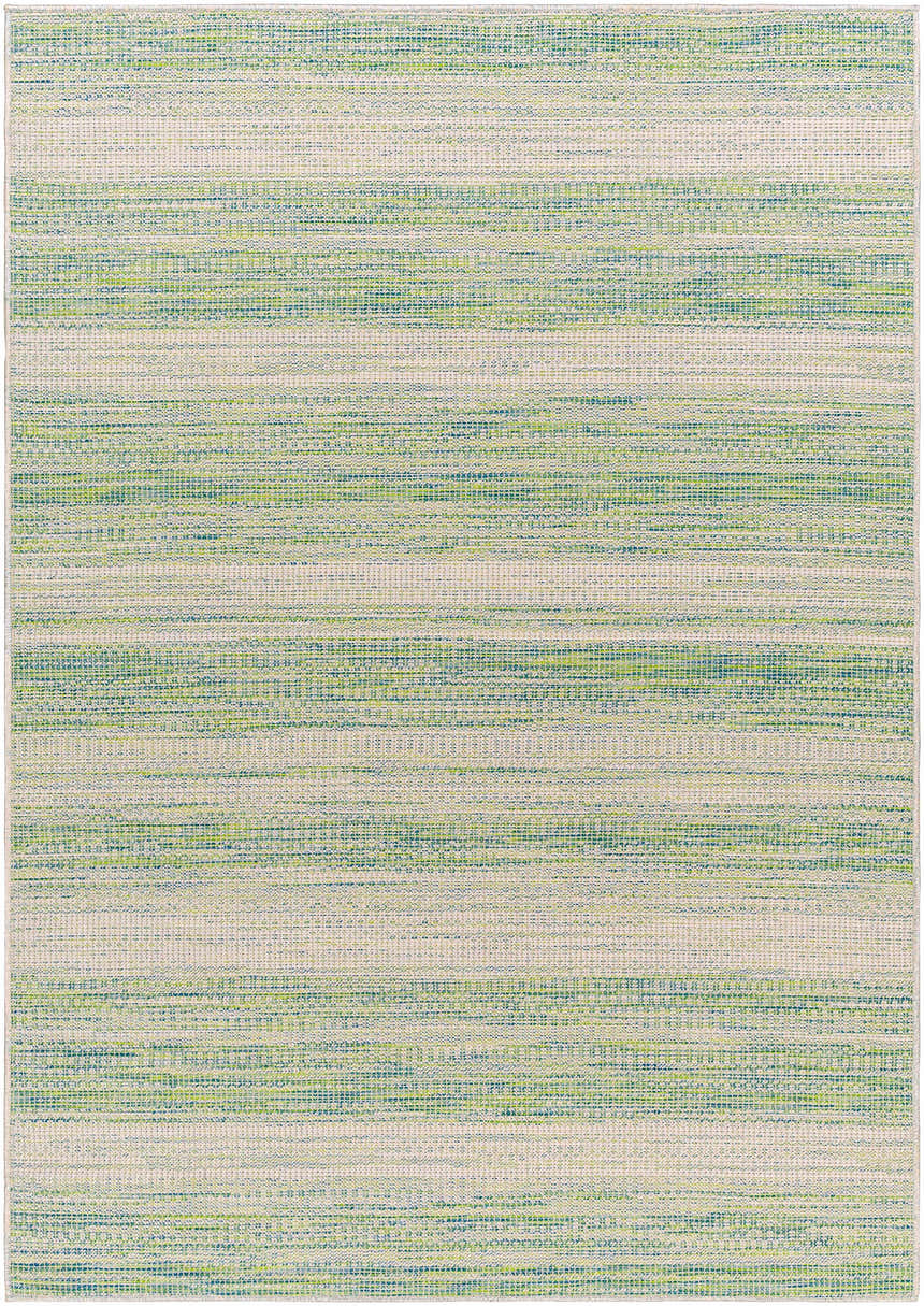 Close-up of the Kris Green Area Rug. Features dark beige, gray, moss, and nutmeg stripes in a machine-woven, contemporary design. Design-Rectangle-517