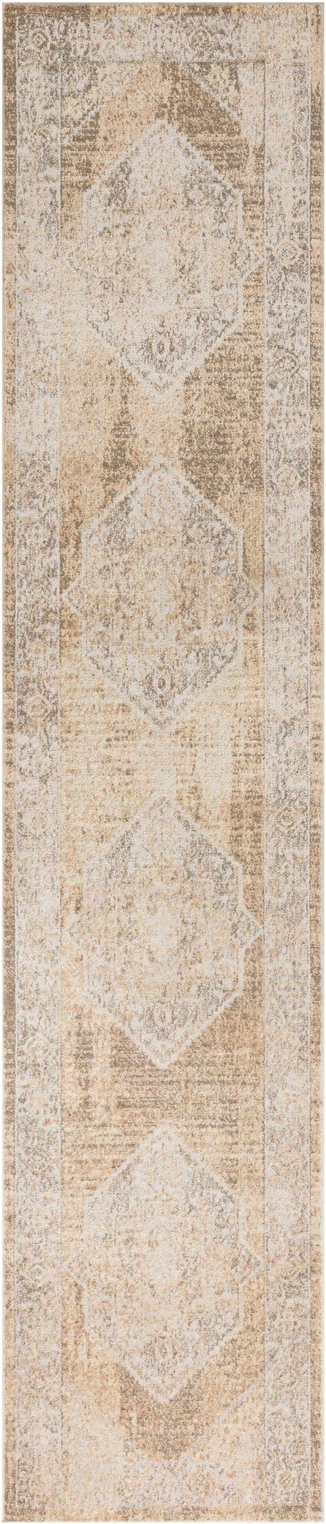 Close-up of Nourison Astra Beige Vintage Rug. Machine-made runner with geometric, distressed pattern in beige, tan, and cream hues.
