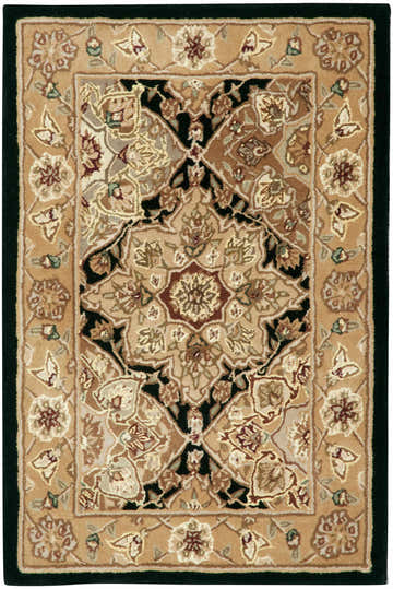 Close-up of the Nourison 2000 Black Persian Indoor Area Rug. Handmade wool rug with black, tan, and floral design.