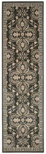 Close-up of the Nourison Riviera Graphite runner rug, featuring a floral pattern and graphite and beige tones.