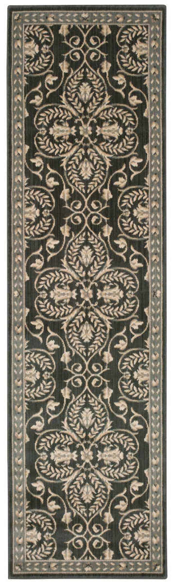 Close-up of the Nourison Riviera Graphite runner rug, featuring a floral pattern and graphite and beige tones.