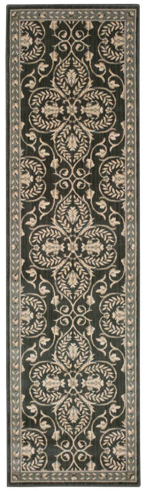 Close-up of the Nourison Riviera Graphite runner rug, featuring a floral pattern and graphite and beige tones.
