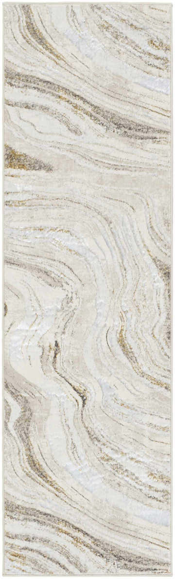 Close-up of Nourison Glitz Grey Gold rug. Abstract design with swirling gray, gold, and cream colors. Modern style.