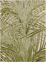 Close-up of the Nourison Aloha Ivory Green Outdoor Area Rug featuring a tropical palm leaf pattern.