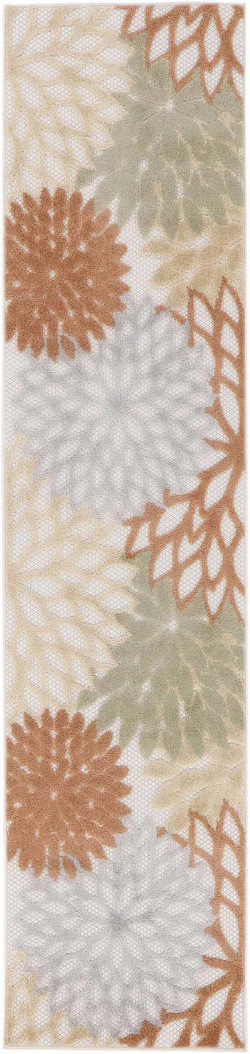 Close-up of Nourison Aloha Ivory Multicolor Outdoor Area Rug featuring floral and leaf pattern in chestnut, green, and beige.