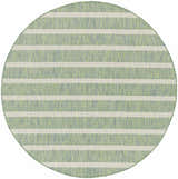 Close-up of round Nourison Positano rug. Blue, green, and ivory stripes create a modern pattern. Woven texture.