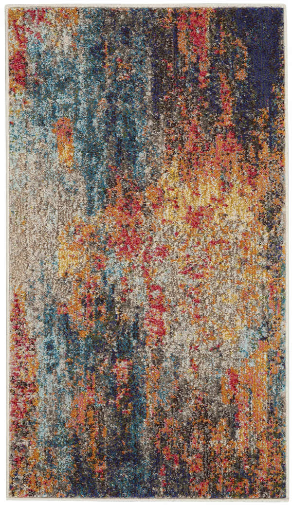 Abstract design of the Nourison Celestial Multicolor area rug. Features blue, red, orange, and gray tones.