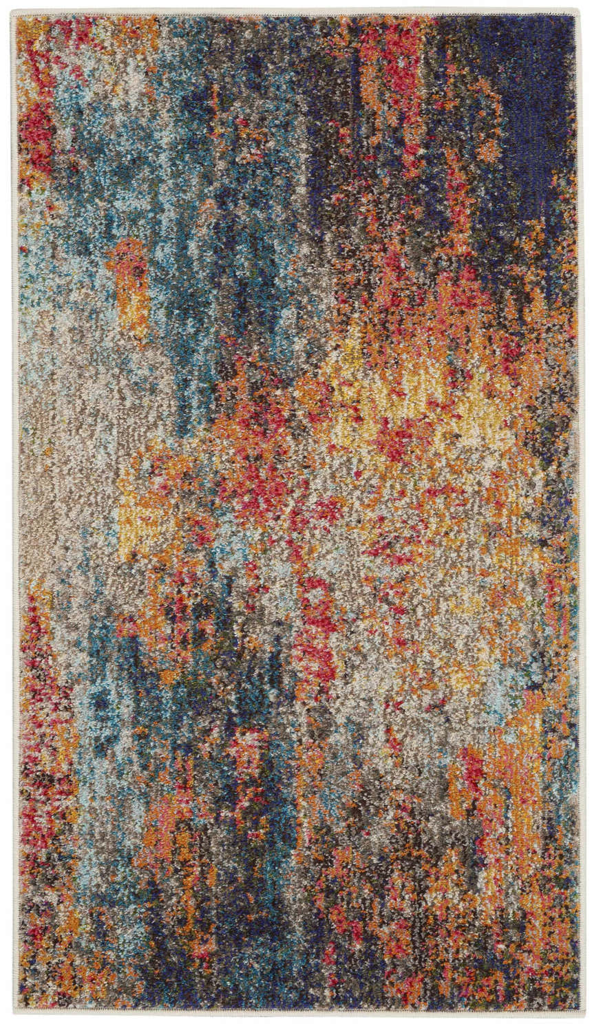 Abstract design of the Nourison Celestial Multicolor area rug. Features blue, red, orange, and gray tones.
