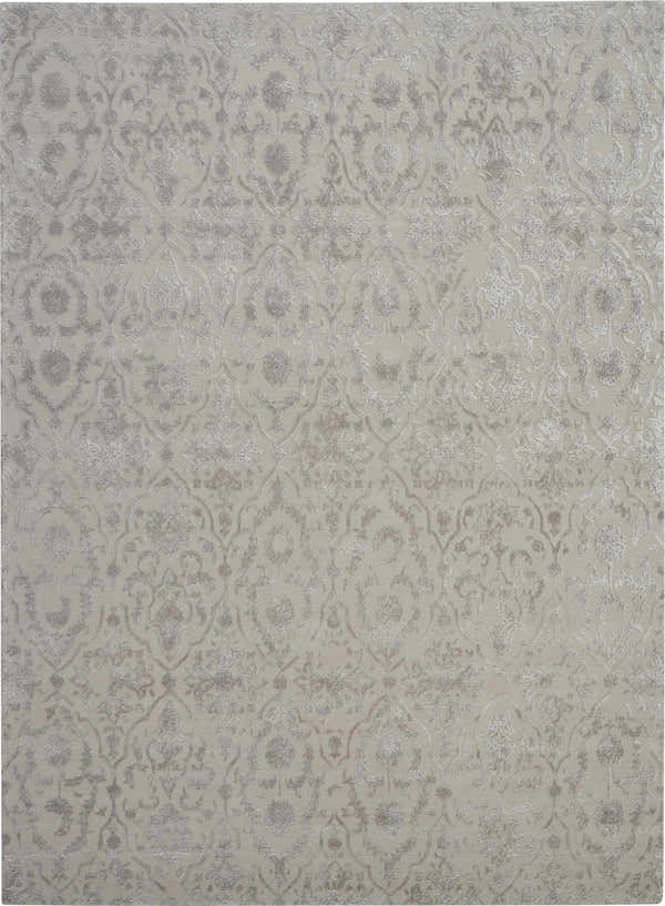 Close-up of the Nourison Opaline Taupe Vintage Indoor Area Rug, featuring an intricate floral damask pattern in ivory and taupe.
