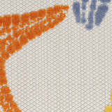 Close-up of Nourison Aloha Multicolor rug showing orange, blue, and yellow floral shapes on a textured, neutral background.