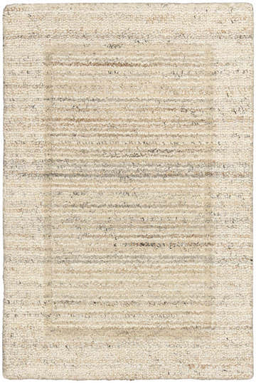 Close-up of the Calvin Klein CK082 Ridge rug. Beige and ivory wool rug with a subtle, farmhouse-style striped pattern.