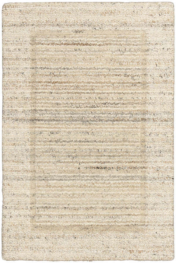 Close-up of the Calvin Klein CK082 Ridge rug. Beige and ivory wool rug with a subtle, farmhouse-style striped pattern.