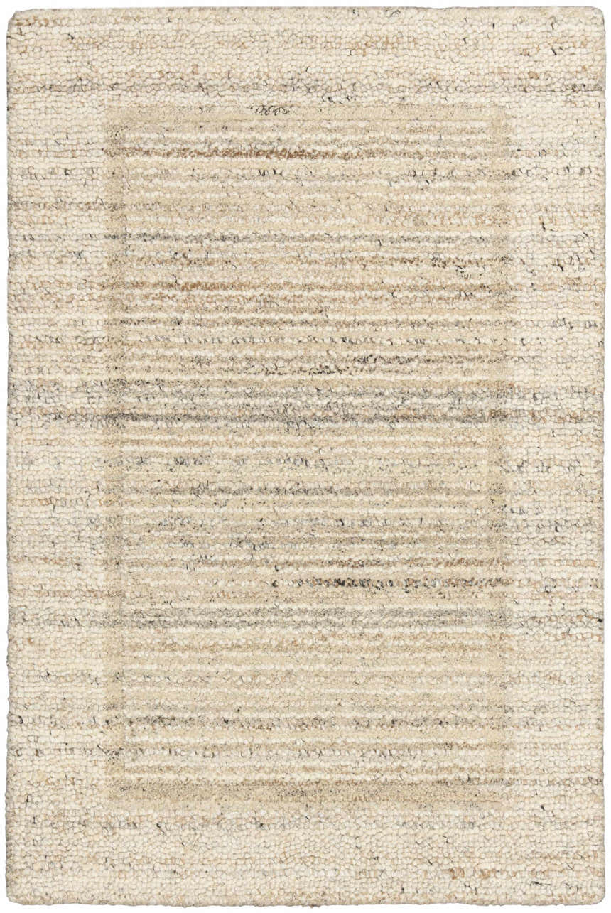 Close-up of the Calvin Klein CK082 Ridge rug. Beige and ivory wool rug with a subtle, farmhouse-style striped pattern.