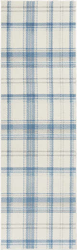 Close-up of Nourison Grafix Ivory Blue Farmhouse Indoor Area Rug with a classic plaid pattern.