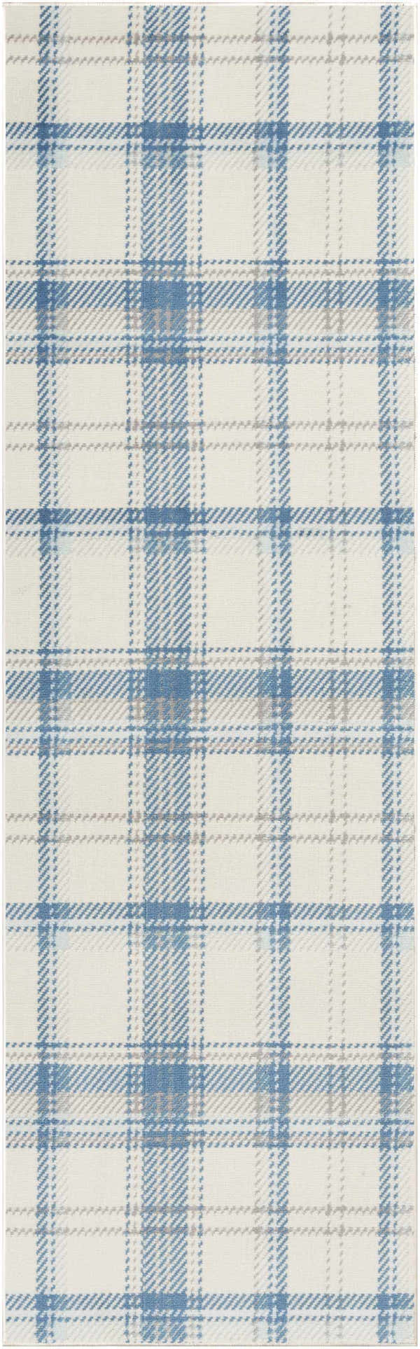 Close-up of Nourison Grafix Ivory Blue Farmhouse Indoor Area Rug with a classic plaid pattern.