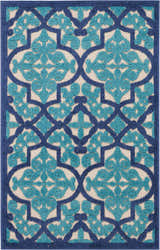 Close-up of the Nourison Aloha Navy Bohemian Area Rug featuring a navy and turquoise floral trellis pattern.