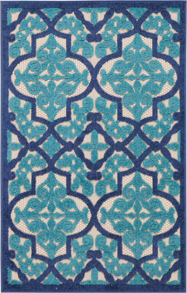 Close-up of the Nourison Aloha Navy Bohemian Area Rug featuring a navy and turquoise floral trellis pattern.