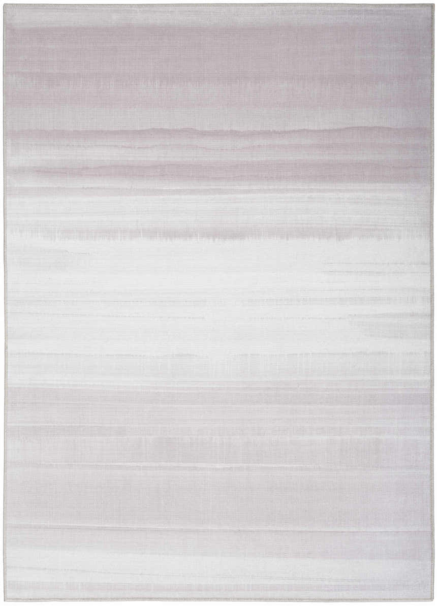 Close-up of the Calvin Klein Launder Ivory rug. Modern design with chestnut hues and subtle horizontal stripes. Washable.