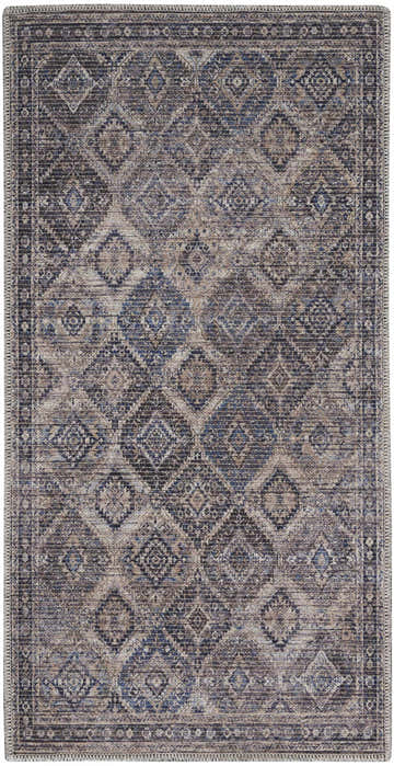 Close-up of Nourison New Concept Ivory Latte Vintage Area Rug. Chestnut, blue, and beige diamond pattern. Washable rug.