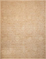Close-up of the Nourison Silken Allure Sand area rug. The rug has a subtle floral pattern and soft, sandy tones.