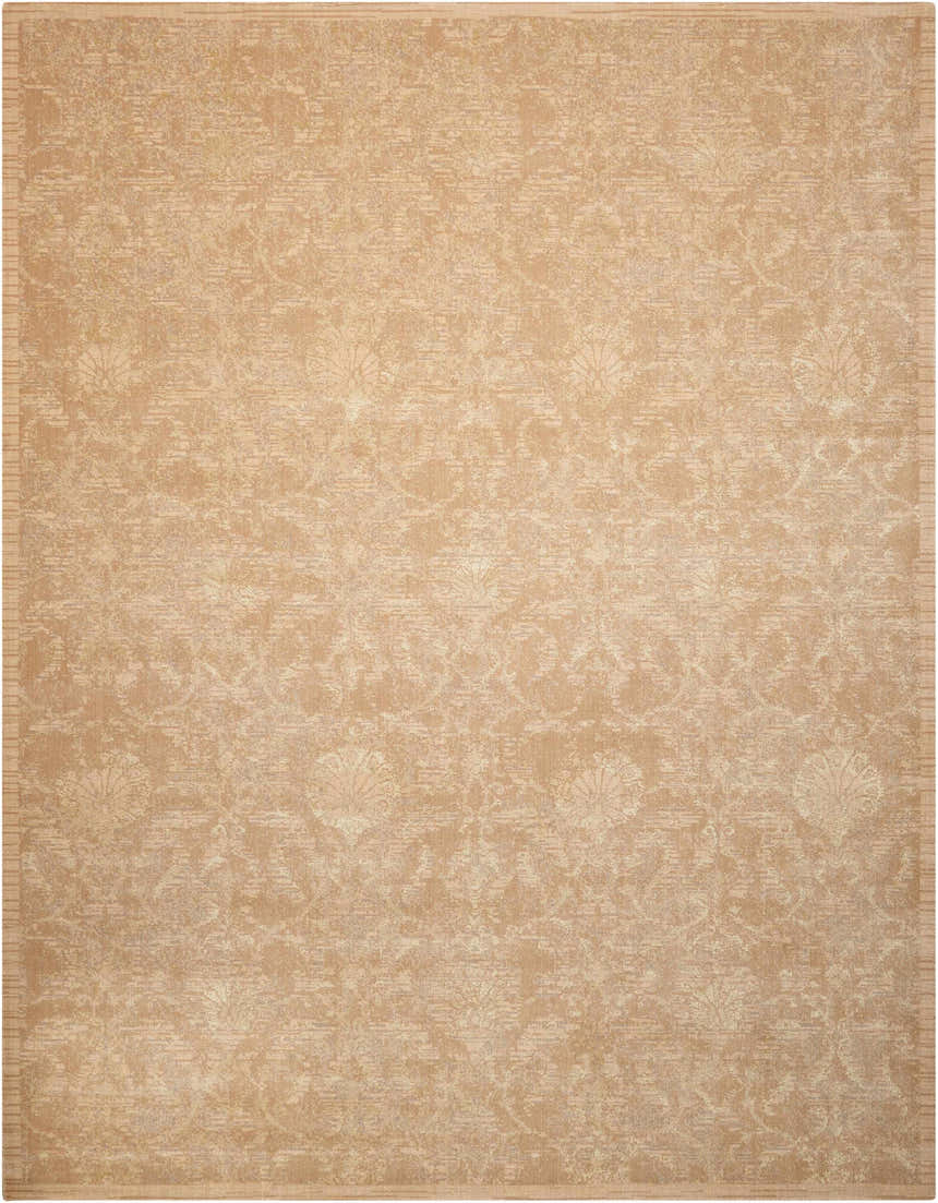 Close-up of the Nourison Silken Allure Sand area rug. The rug has a subtle floral pattern and soft, sandy tones.