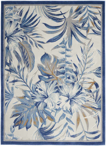 Close-up of the Nourison Seaside Ivory Blue Tropical Area Rug with blue, gray, and chestnut leaf pattern.