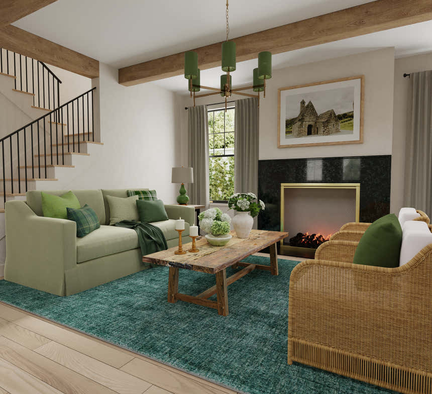 Living room scene with a green Feizy Luna Modern Solid rug, sofa, wicker chairs, and fireplace. Roomscene-Rectangle