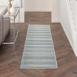Hallway scene with a Nourison Key Largo Blue rug. Contemporary style with light blue stripes on wood floors.