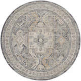 Detailed round Nourison Lynx Ivory Charcoal Vintage rug with taupe, gray, and gold geometric patterns.