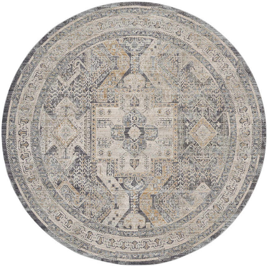 Detailed round Nourison Lynx Ivory Charcoal Vintage rug with taupe, gray, and gold geometric patterns.