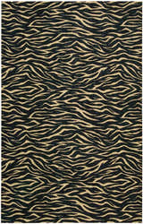 Close-up of the Nourison Cosmopolitan Midnight Eclectic Area Rug. Features a wavy, abstract pattern in tan and midnight blue.