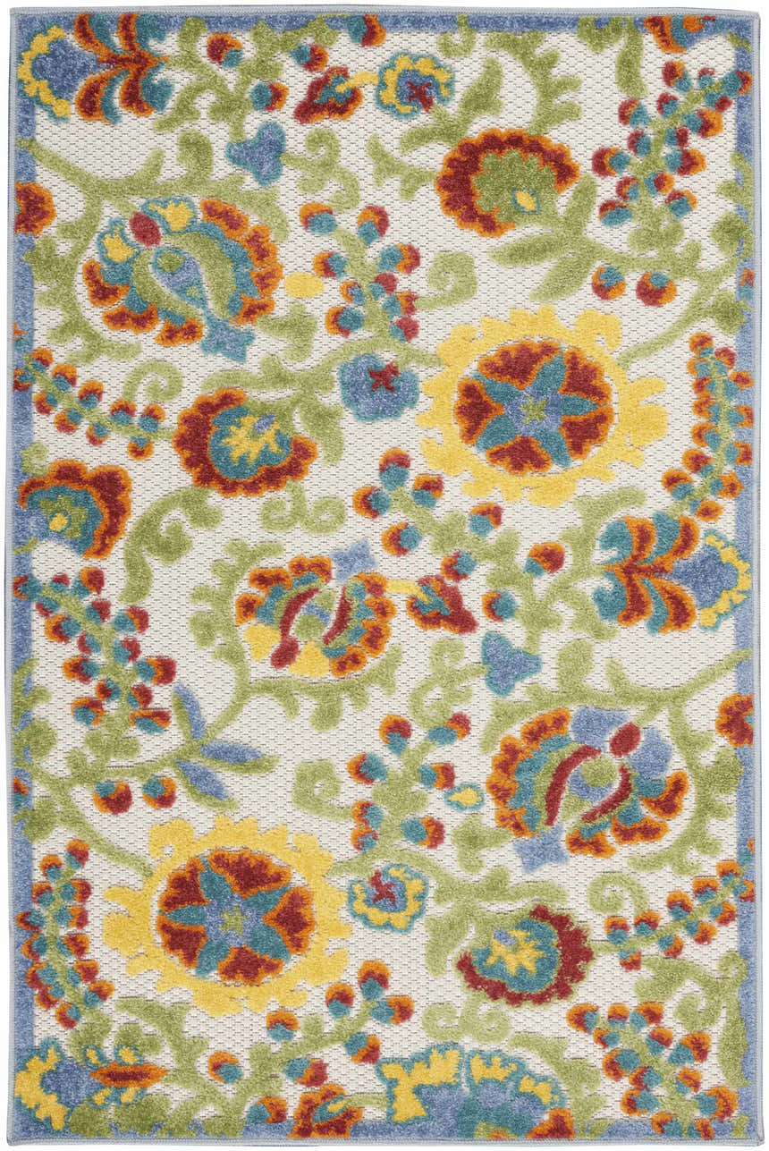 Close up of Nourison Aloha Ivory Multicolor Farmhouse Area Rug with floral pattern in chestnut, blue, yellow, and green.