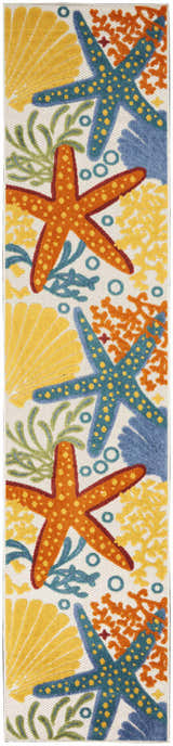 Close-up of Nourison Aloha Multicolor rug featuring starfish, shells, and coral in orange, yellow, blue, and green.