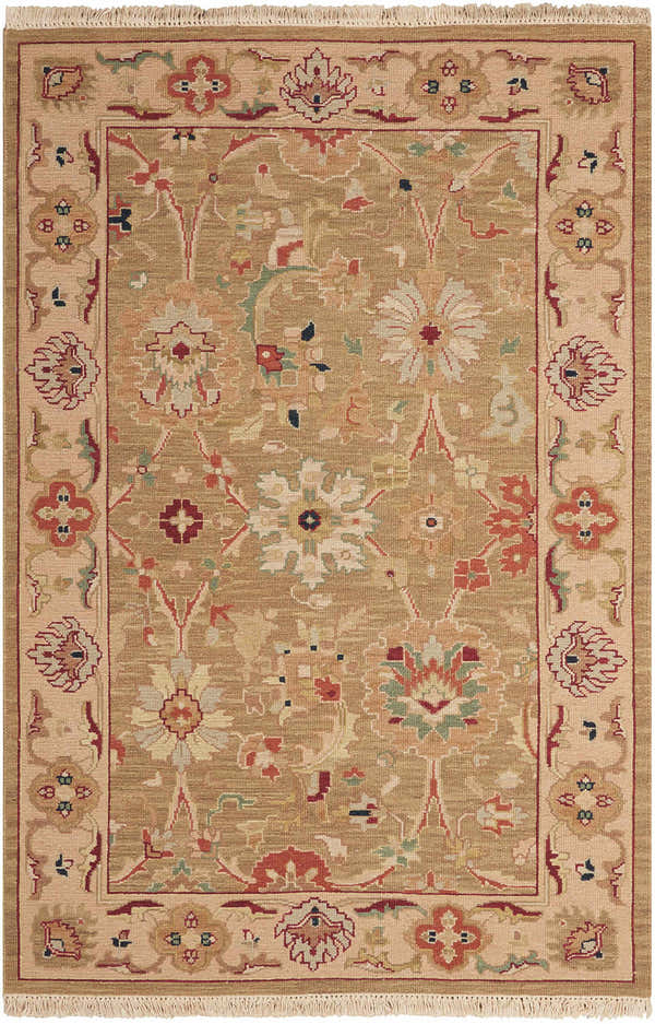 Handmade Nourison Nourmak Olive Vintage Area Rug. Wool rug with floral pattern, olive, red, and beige colors.