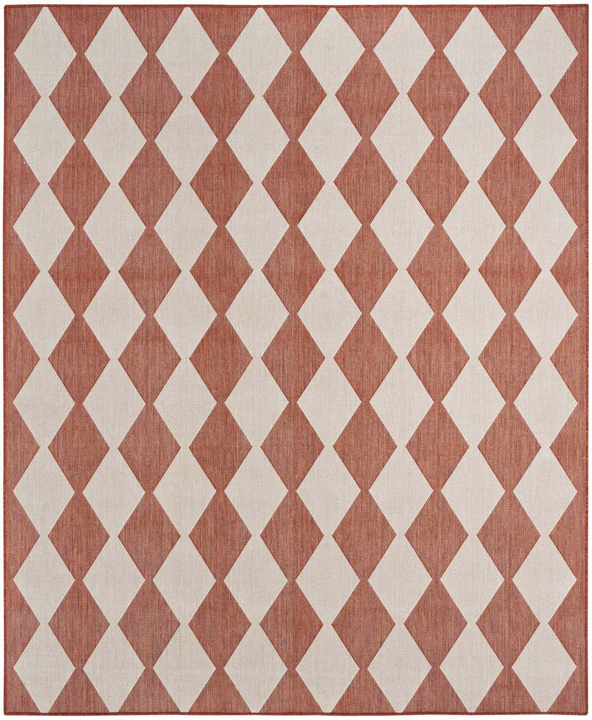 Close-up of the Nourison Positano Terracotta Modern Area Rug, featuring a burnt orange and cream diamond pattern.