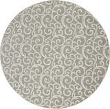 Close-up of a round Nourison Grafix Grey rug. Features a swirling, contemporary white pattern on a gray background.